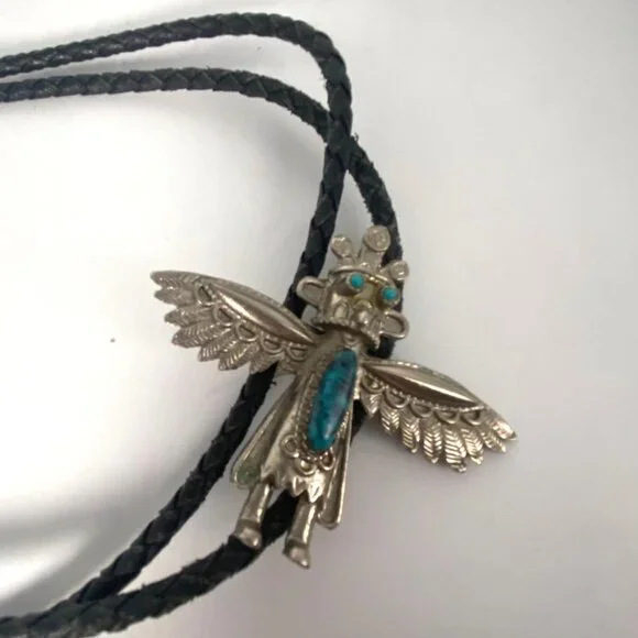 Vintage Thunderbird Turquoise Silver Tone Kachina Bolo Tie Braided Leather Cord - Picture 1 of 6